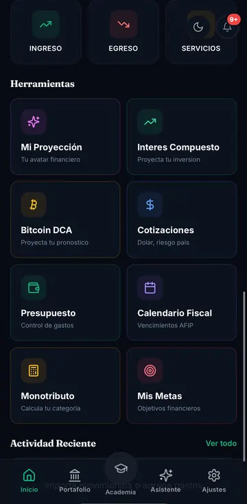 Las herramientas: proyección, interés compuesto, Bitcoin DCA, cotizaciones, presupuesto y calendario fiscal