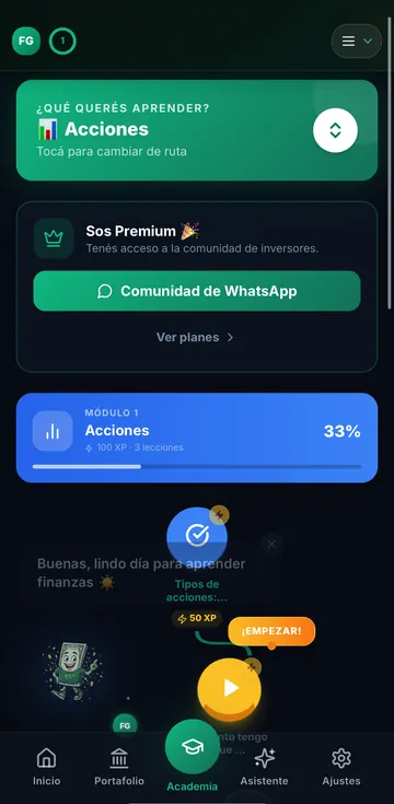 Una lección de la academia en curso, con el progreso del módulo