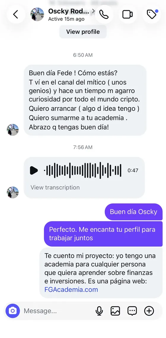 Mensaje de alguien que escribe para sumarse a la academia.