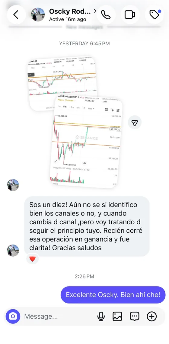 Mensaje de un alumno contando que cerró una operación siguiendo lo que aprendió.