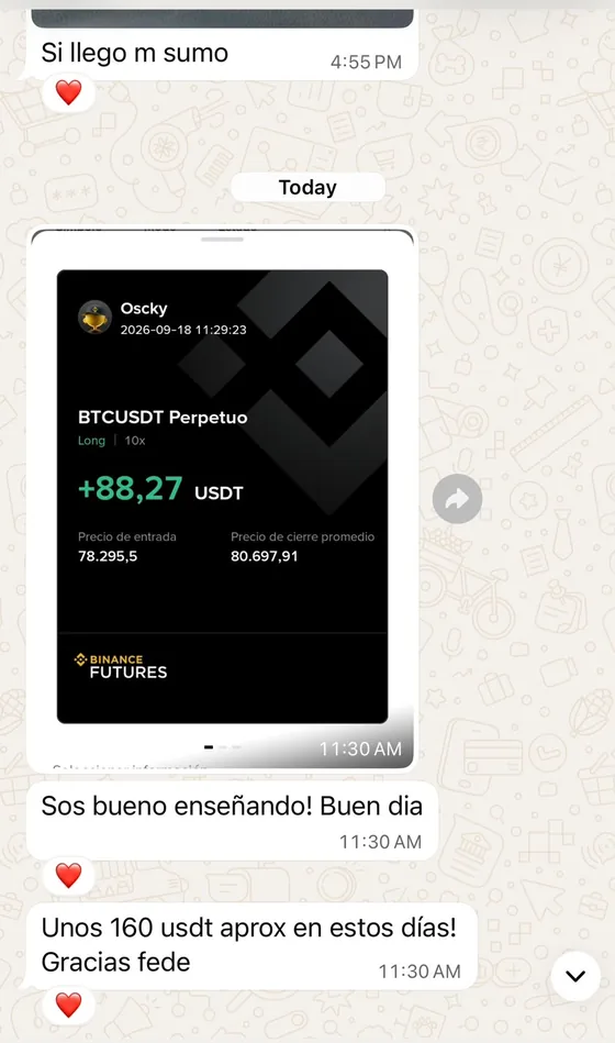 Mensaje de un alumno agradeciendo después de cerrar varias operaciones.