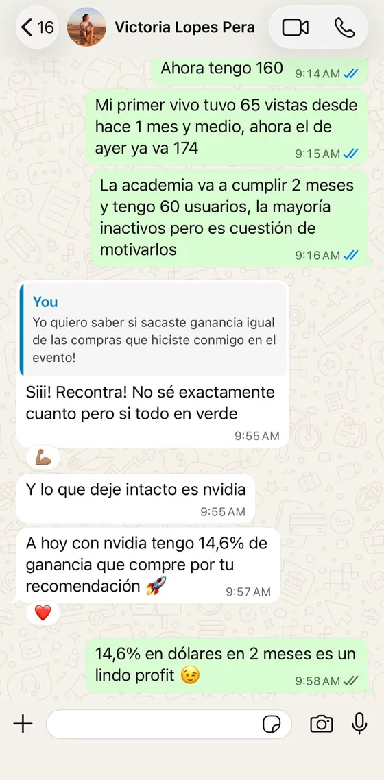 Mensaje de una alumna contando cómo le fue después de la academia.